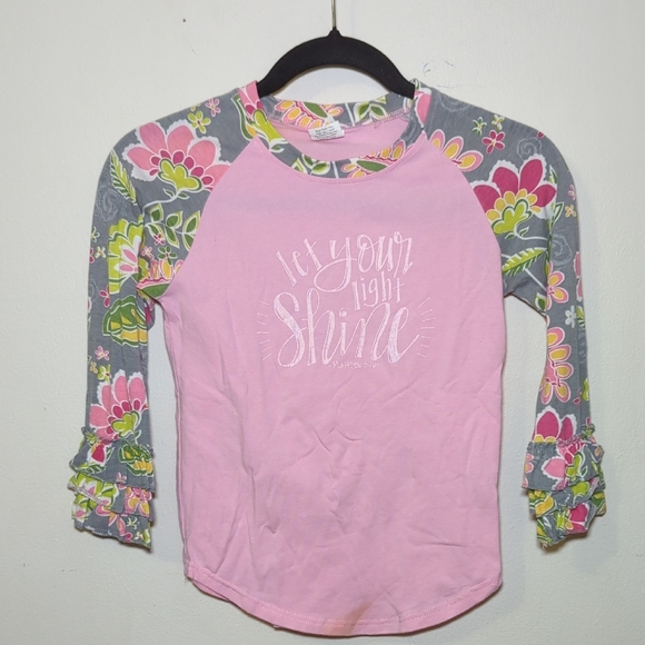 Let Your Light Shine Graphic Raglan T-shirt with Floral Ruffle Sleeves Size 7-8 - Picture 1 of 5
